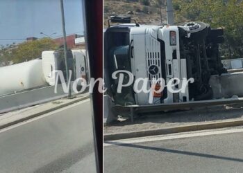 Ανατροπή βυτιοφόρου και διαρροή υγραερίου στη λεωφόρο Σχιστού: Διακοπή κυκλοφορίας στο σημείο