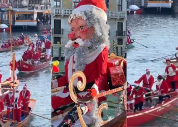 Βενετία: Άη Βασίληδες σε γόνδολες «κοκκίνισαν» τα κανάλια (βίντεο)