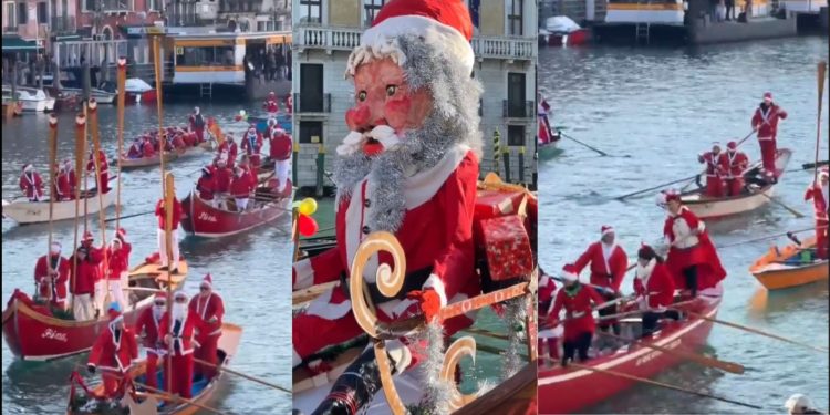 Βενετία: Άη Βασίληδες σε γόνδολες «κοκκίνισαν» τα κανάλια (βίντεο)
